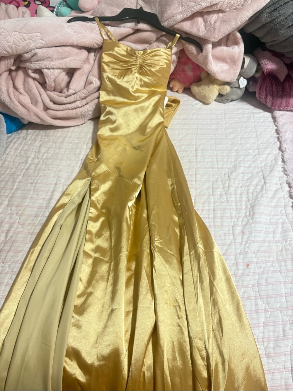 Gold Satin Evening Gown - Elegant Spaghetti Strap Dress